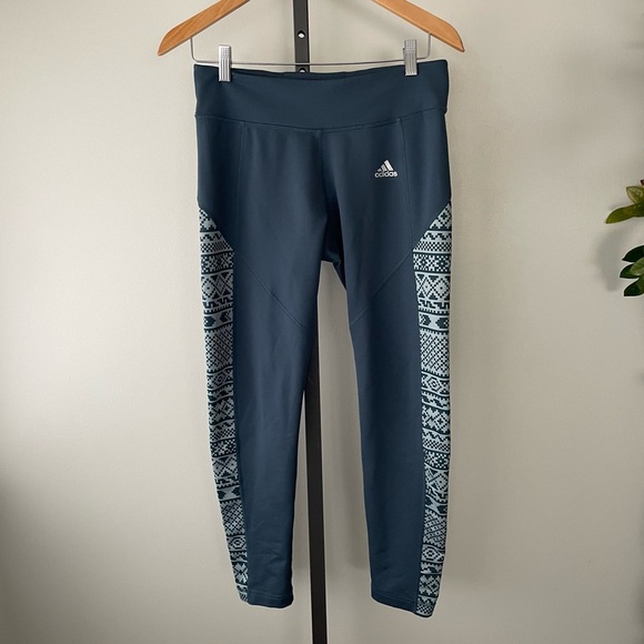 Adidas Climawarm Aztec Legging Pant Tight Thick High Rise Green Grey Sage - Picture 1 of 10